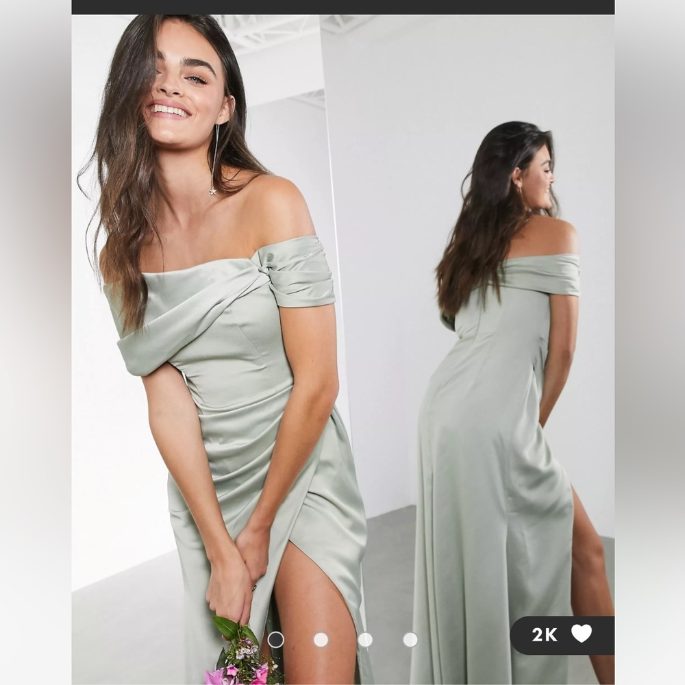 ASOS EDITION satin bardot drape wrap maxi dress in sage green